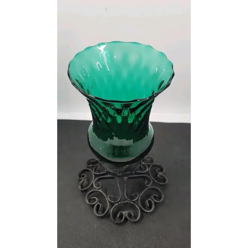 Vintage Emerald Green Glass Hurricane Candle Holder Black Scroll Iron Base Decor